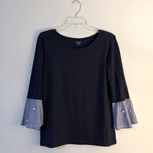 LOFT Womens Navy Blue Chambray 3/4 Sleeve Pearl Shirt Top Size Small